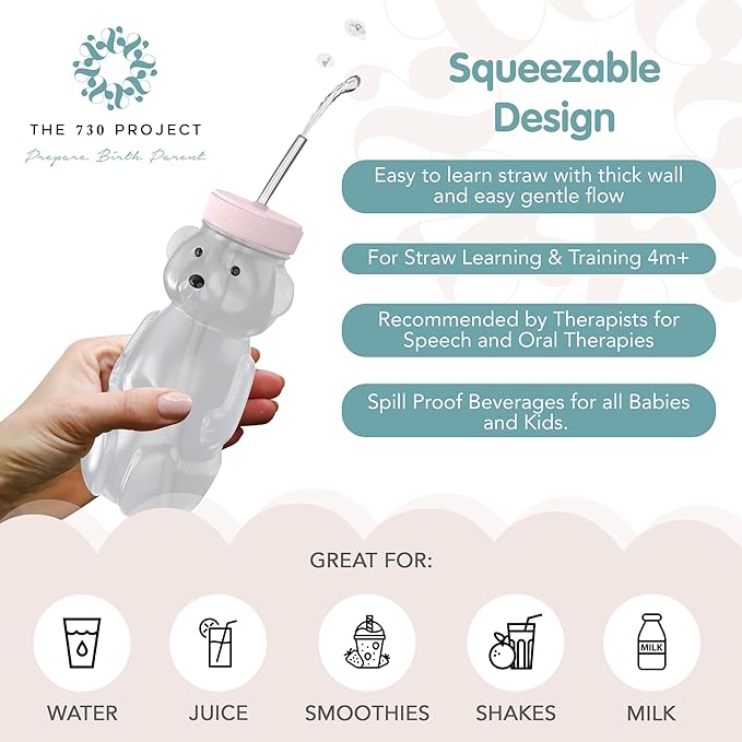 The 730 Project Honey Bear Straw Cup for Babies, 8-oz Honey Bear Cup with Lid, 3-Pack Therapy Learning Honeybear Straw, Baby Bottle Set, Cherry Blossom PINK