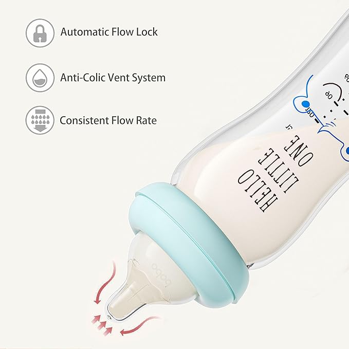 YOHKOH Natural Glass Baby Bottle with Level 2 Medium Flow Nipple, Newborn Anti-Colic Baby Bottles, Wide Neck Mushroom Baby Glass Bottle (8.8ounce (Pack of 2), Blue1)