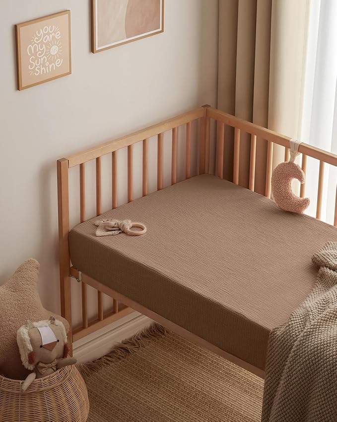 Blissful Diary Muslin Crib Sheets for Girl Boy, Boho Neutral Soft Cotton Baby Sheet for 52''x28'' Standard Crib Mattress, 2 Pack(Brown Checkboard & Brown)