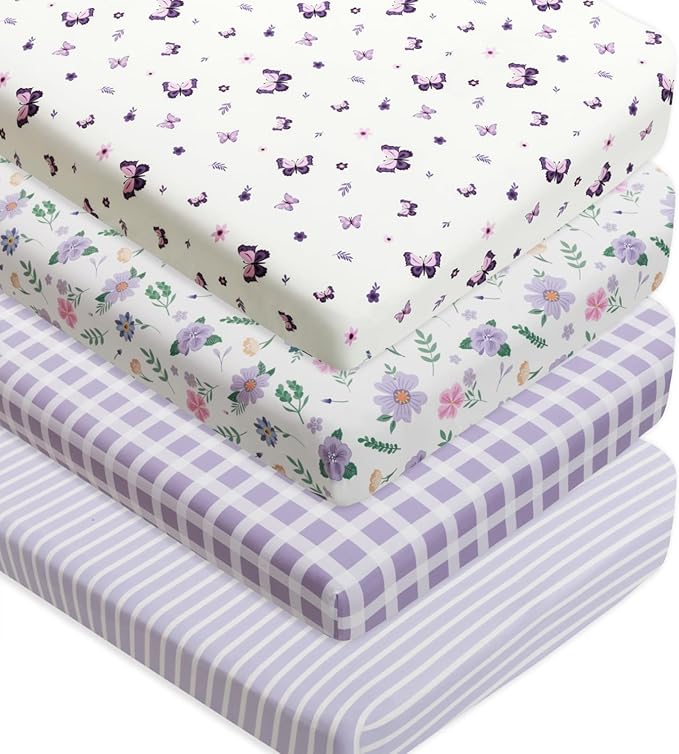 4 Pack Butterfly Baby Crib Sheets for Baby Girls Purple Crib Fitted Sheets for Standard Size Crib and Toddler Mattress Soft and Breathable (Crib)