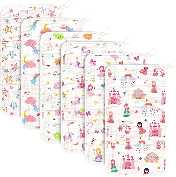 decalsweet Baby Burp Cloths Muslin Washcloths 6 Pack Muslin Burp Cloths 100% Cotton Large 20''x12'' Soft 6 Layers Baby Burp Rags for Boys Girls Baby Essentials for Newborn Gift Machine Washable