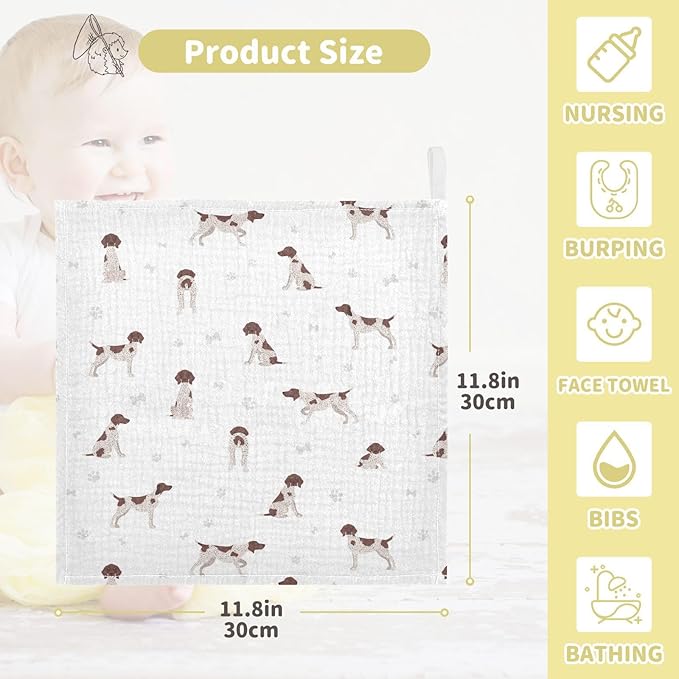 vvfelixl Baby Cotton Washcloths German Shorthaired Pointer Infants Bath Towel for Unisex Puppy Face Towels for Newborn, Natural Baby Wipes Delicate Skin, 11.8 X 11.8 inch, one sizex3