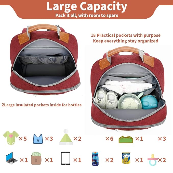 Diaper Bag Backpack, Large Baby Nappy Bags with Portable Changing Pad for Boys and GirlsMultifunction Travel Baby Bag for Moms Dads, Shower Gifts Waterproof and Stylish，Red