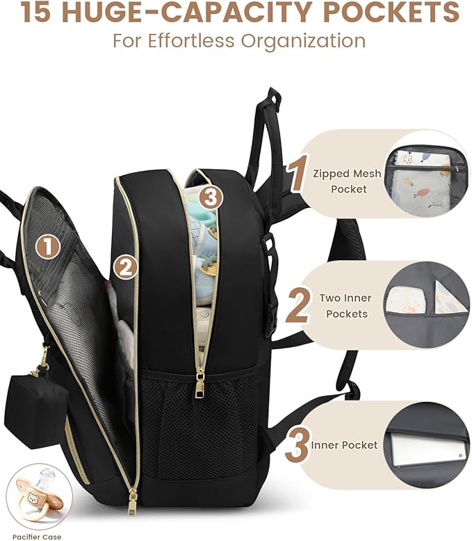 Diaper Bag Backpack,Baby Essentials Diapers Bag with Pacifier Case,Multipurpose Stylish Large Capacity Travel Backpack for Baby Girl/Boy(L-Black)