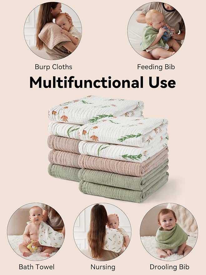 TILLYOU Muslin Burp Cloths Baby Boy Girl 20" x 10", 6-Layer Absorbent 100% Cotton Burping Cloths Large Soft, 10 Pack(Daisy)