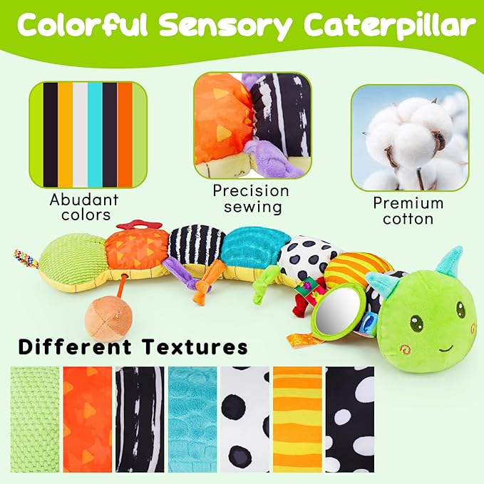 Baby Sensory Toy 0-6 Month Music Animal Stuffed Plush Caterpillar Toy for Infant 0-3-6-12 Month Old Tummy Time with Baby Mirror Crinkle Rattle Carseat Toys for Newborn Boys Girl Shower Gifts