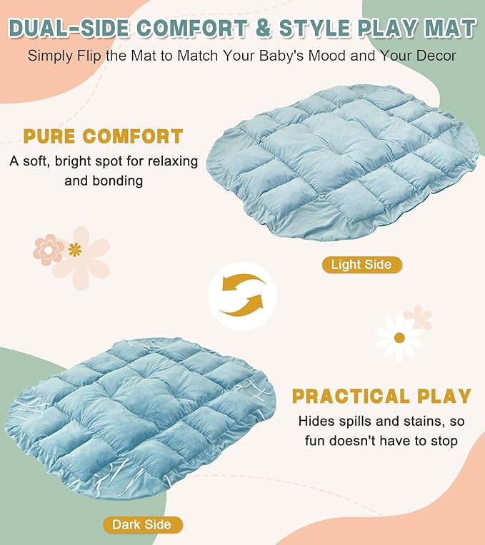 5-in-1 Baby Play Gym and Tummy Time Mat, Tummy Time Pillow & 12 Learning Cards, Plush Activity Mat with 6 Toys, Baby Gym, Convertible to Ball Pit, Baby Gift, Blue
