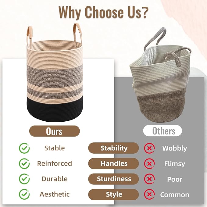 90L Striped Laundry Basket, Brown & Black Laundry Hamper with Leather Handles, Woven Cotton Rope Storage Bin for Blankets, Nursery Hamper for Clothes, Toys In Bathroom, Livingroom, Bedroom