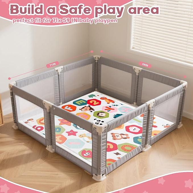 Baby Play Mat for Floor,1.3" Thick Elasti-Foam Playpen Mat for Tummy Time, Easy Care with Non-Slip Cushioned for Infant,Kids and Toddler Crawling