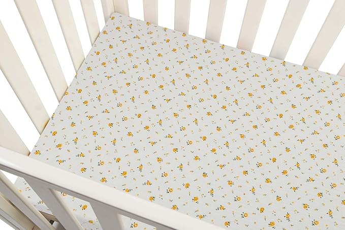 Onacosht Muslin Crib Sheets for Boys Girls, Soft Breathable 100% Cotton Baby Fitted Sheet 52" x 28" for Standard Toddler Crib Mattress, 2 Pack, Beige and Yellow Floral