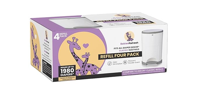 BabiesRefresh Refills Compatible with DEKOR CLASSIC Diaper Pail Refills | 4 Pack | Diaper Pail Odor Eliminator| Fresh Powder Scent | Each Diaper Bag Refill Holds up to 1980 Diapers | Diaper bin refill