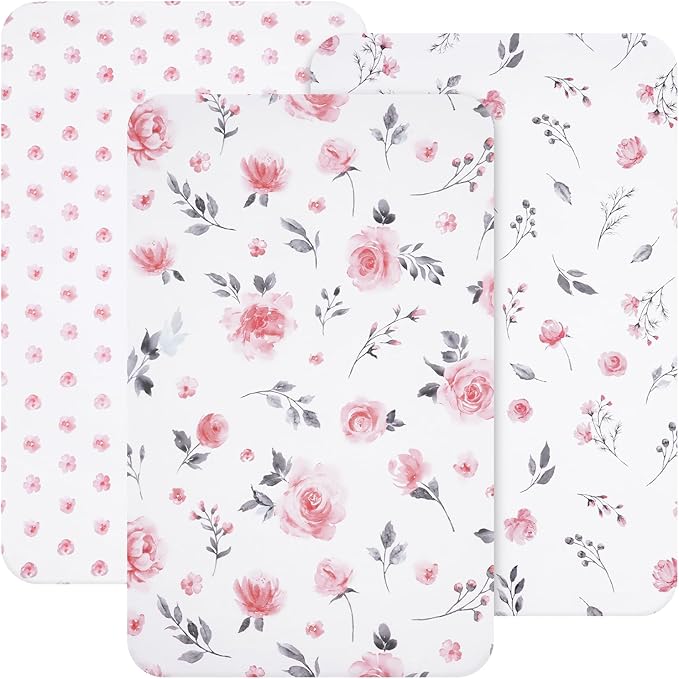 david's kids 3 Pack Mini Crib Sheets, Soft Breathable Premium Pack N Play Sheets for Baby Boys Girls Neutral, Playard and Mini Crib Mattresses, Floral Flowers