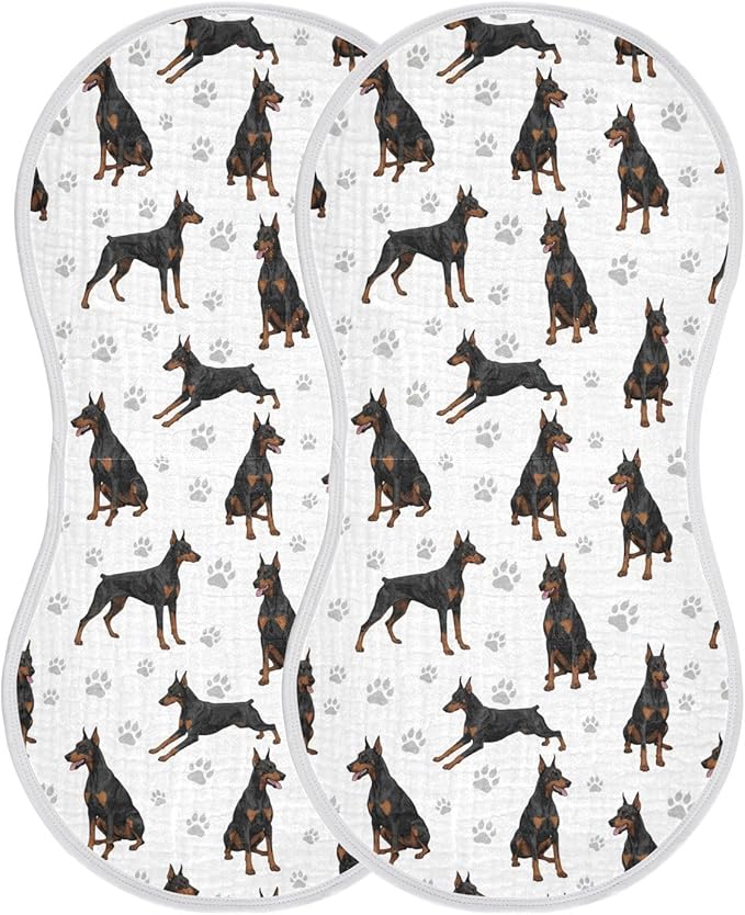 Qinllo 2 Pack Muslin Burp Cloths Doberman Dogs White Cotton Baby Burp Cloths Soft Burping Cloth Absorbent Spit Up Rags for Newborn Babies Boys Girls 22x11 Inch