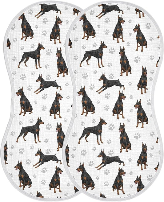 Qinllo 2 Pack Muslin Burp Cloths Doberman Dogs White Cotton Baby Burp Cloths Soft Burping Cloth Absorbent Spit Up Rags for Newborn Babies Boys Girls 22x11 Inch