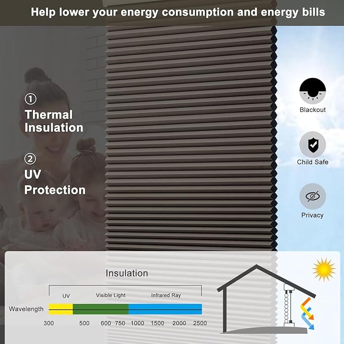 Changshade Cellular Shades Cordless Blinds Blackout for Indoor Windows, Honeycomb Blind Room Darkening Shade 1.5'' Single Cell Pleated, Easy to Install Shade Size 27" Wide x 50" Height, Taupe