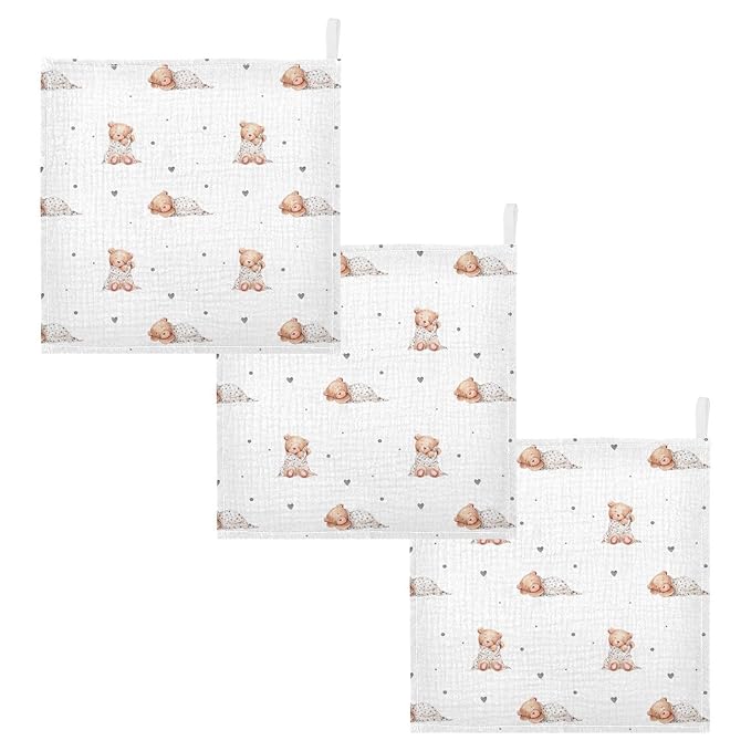 vvfelixl Baby Washcloths Cotton Cute Sleeping Teddy Bears Baby Muslin Washcloths Soft Baby Face Towel for Newborn Infants Baby Wipes, 11.8 X 11.8 inch, one sizex3