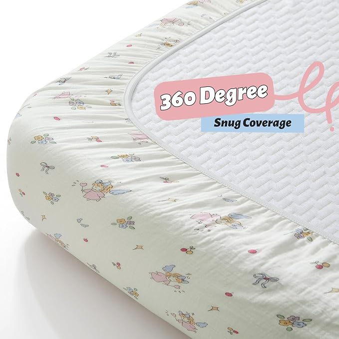 SiinvdaBZX 2 Pack Pack n Play Sheets Girls, Ultra Soft Muslin Cotton Mini Crib Sheets Breathable Toddler Playard Bedding Cover for 38"x27" Portable/Mini Crib Mattresses (Little Fairy + Flower)
