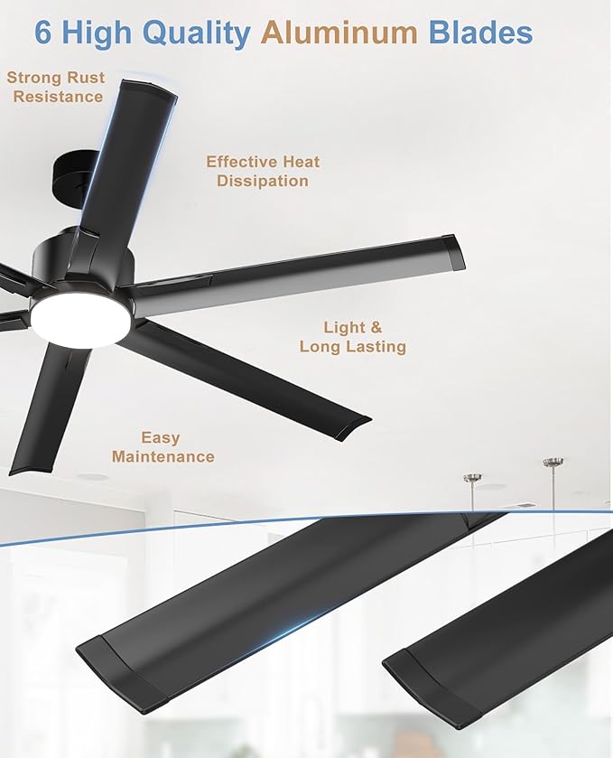JAYNLT 72 Inch Ceiling Fan with Light,High CFM Industrial LED Fan Lights with 6 Aluminium Blades,Remote Control, Air Reversible 6 Speed 3 Colors Noiseless DC Motor for Porch,Garage