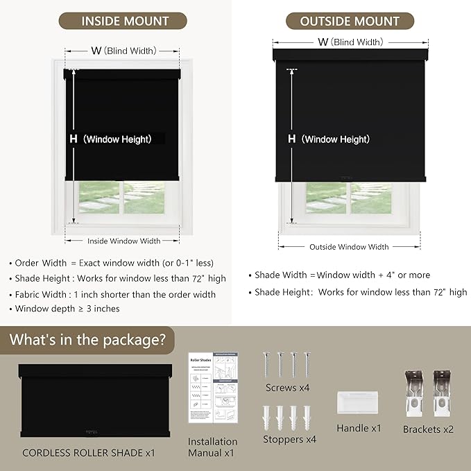 Cordless Blackout Roller Shades Blinds for Windows Free-Stop,Pull Down Room Darkening with Valance,Thermal Insulated Woven Fabric Window Door Blinds for Home,Office,Black 72" W x 72" H