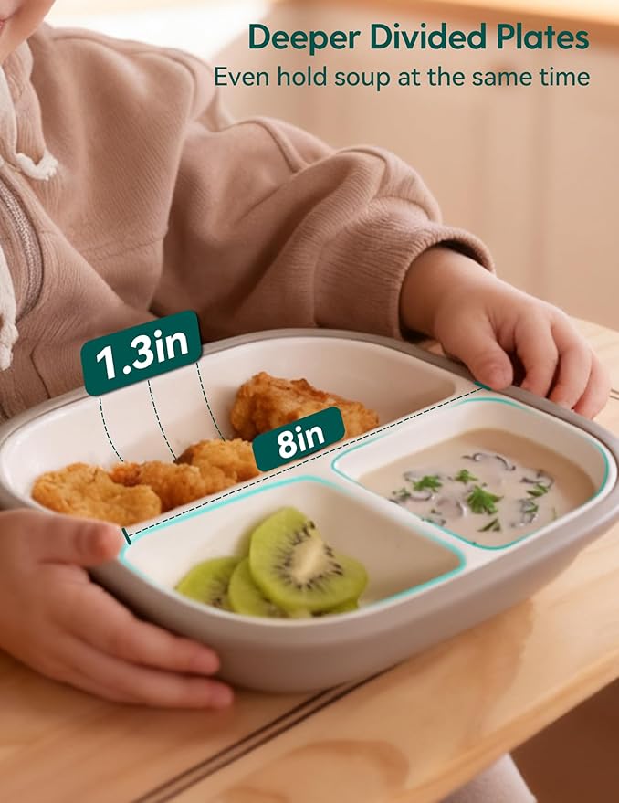 BABELIO 8'' Toddler Porcelain Plates with Silicone Suction Sleeves, Lead & BPA Free, Divided, Microwave & Dishwasher Safe, Stay Put, Suitable for Kids/Babies, Grayish Purple
