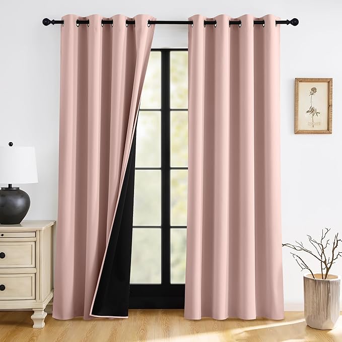 RYB HOME Pink Blackout Curtains for Girls Bedroom, 2 Panels 100% Blackout Thermal Insulated Noise Reducing Window Drapes for Kids Baby Room, 52 inches Wide by 90 inches Long, Peach Pink