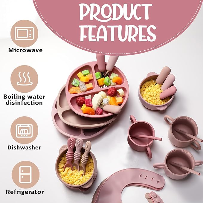 24 Pack Silicone Baby Feeding Set Baby LED Weaning Supplies Includes Suction Divided Plates Soft Bowl Spoons Forks Adjustable Bib Snack Cup and Straws(Dark Pink, Dusty Pink, Peach Color)