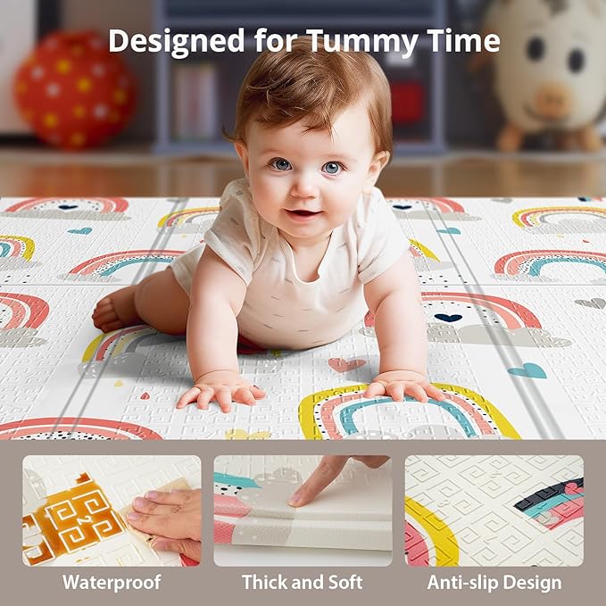Foldable Foam Baby Play Mat for Floor, Babies Activity Tummy Time Playmat, Kids Non Toxic Foam Thick Play Mat for Baby, Toddlers, Waterproof & Anti-Slip Crawling Mats,Rainbow,59x59x0.4