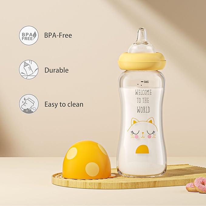YOHKOH Natural Glass Baby Bottle with Level 2 Medium Flow Nipple, Newborn Anti-Colic Baby Bottles, Wide Neck Mushroom Baby Glass Bottle (8.8ounce (Pack of 4), Yellow1)