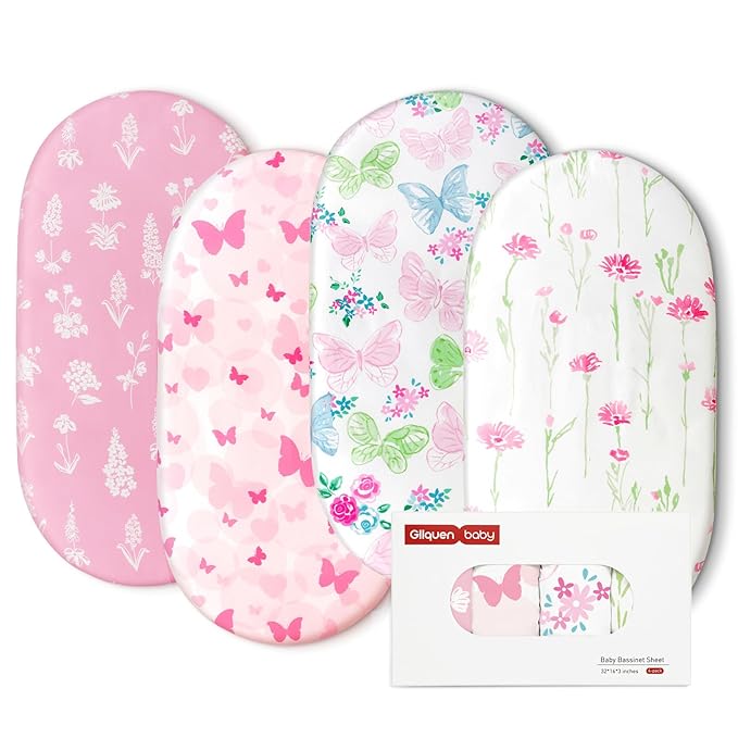 Gllquen Baby Bassinet Sheets 4 Pack, Breathable Cozy Fitted Mattress Sheet, Elastic Travel Crib Fashionable Floral Pattern, Standard Cradle Safe Sheets for Baby Boys Girls 32"x16" (Butterfly)