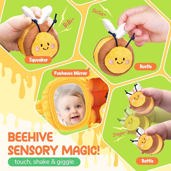 JoyCat 6 Month Old Baby Toys, Flower Beehive with 5 Stuffed Sensory Bees, Crinkle, Rattle, Mirror, Montessori Toys for 6-10 Months Old Babies, Infant Toys Baby Shower Birthday
