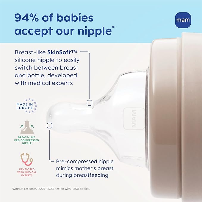 MAM Premium Glass Baby Bottles, Easy Switch Between Breast and Bottle, Feel Good Slow Flow, Newborn Essentials Must Have, 0+ Months, BPA Free, 6oz, Boy, 3 Pack