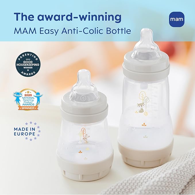 MAM Easy Start Anti-Colic Baby Bottles, Extra Slow Flow, Breastfeeding-Like Silicone Nipple Bottle, Reduces Colic, Gas, & Reflux, Easy-to-Clean, BPA-Free, Vented Baby Bottles for Newborns, 0-3 Months
