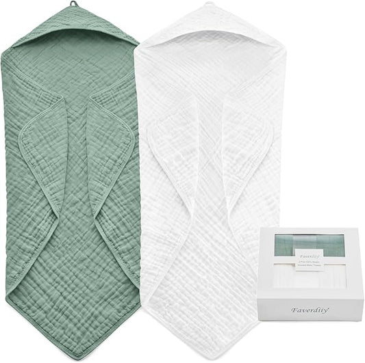 Hooded Baby Towels for Newborn, 35x35 Inch 2 Pack 100% Muslin Cotton Baby Bath Towel, Soft Baby Beach Towels with Hood for Infants, Toddlers and Kids, (Roman Green + White)