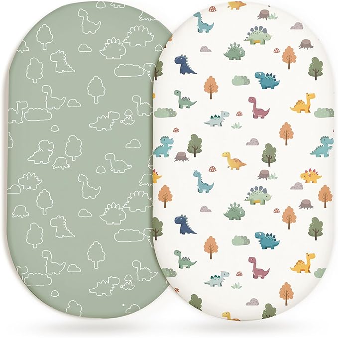 Bassinet Sheets for Baby Girls Boys 2 Pack, Fitted Baby Mattress Sheet for Rectangle, Oval, Hourglass Bassinet Mattress, Breathable Cozy & Universal Fit (Sage Dino)