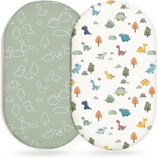 Bassinet Sheets for Baby Girls Boys 2 Pack, Fitted Baby Mattress Sheet for Rectangle, Oval, Hourglass Bassinet Mattress, Breathable Cozy & Universal Fit (Sage Dino)