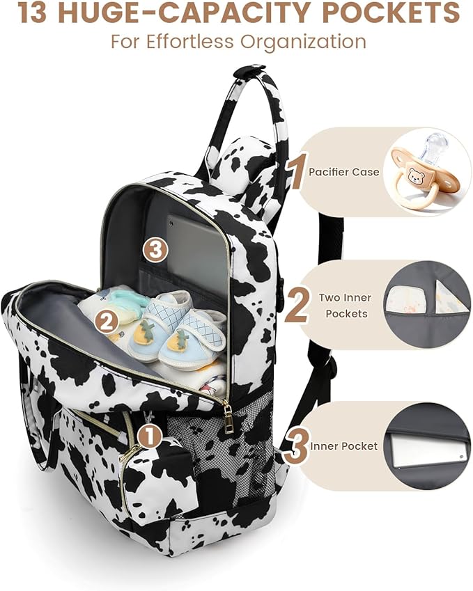 Diaper Bag Backpack,Baby Essentials Diapers Bag with Pacifier Case,Multipurpose Stylish Large Capacity Travel Backpack for Baby Girl/Boy(M-Cow Print)