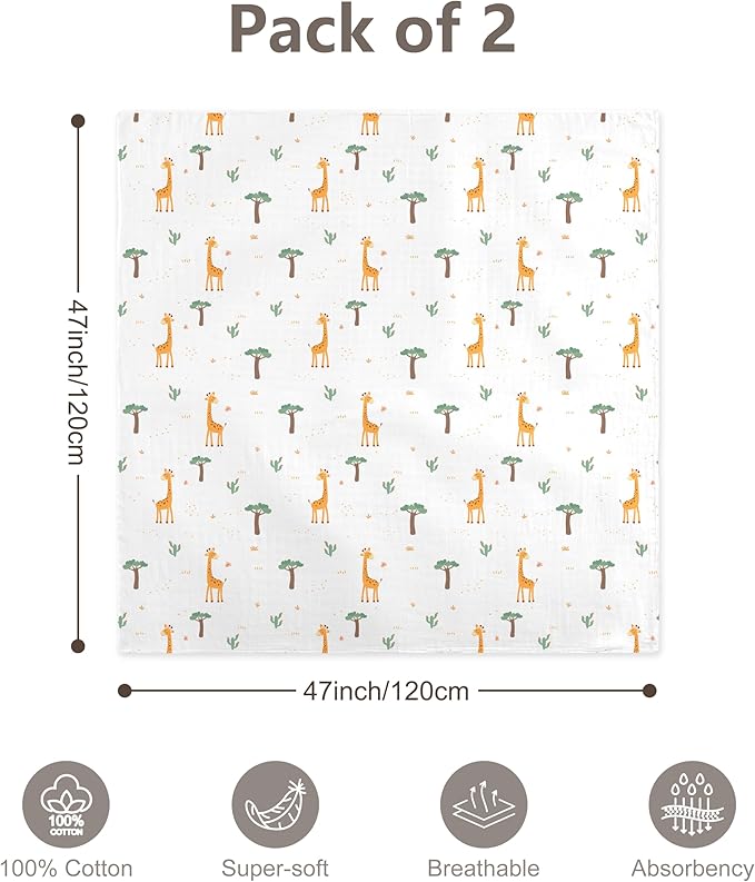2-Pack 100% Cotton Muslin Swaddle Blankets, Large 47 x 47 Inches — Breathable Soft Receiving Blankets for Newborns, Swaddling Wraps, Baby Essentials, Registry Gift (Forest & Giraffe Duo)