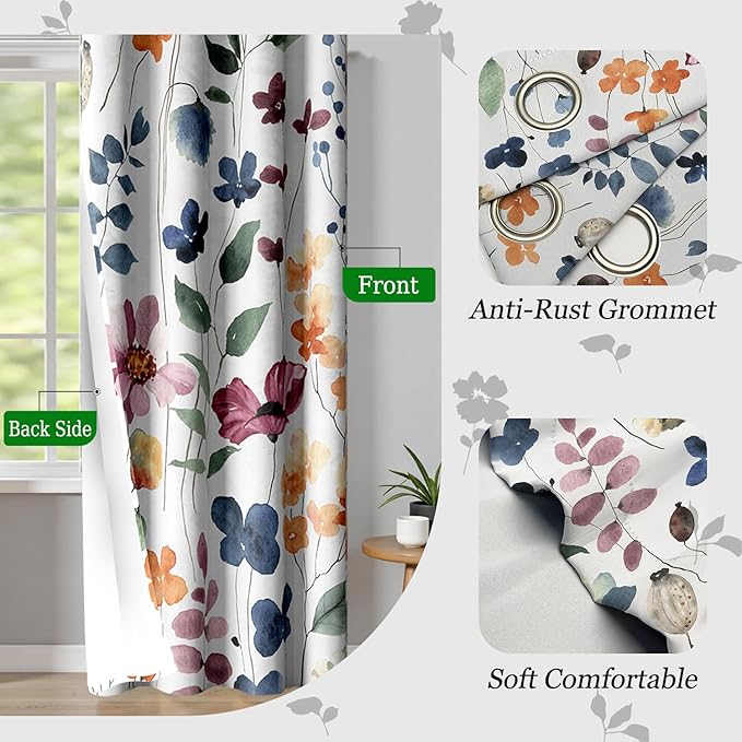 Boho Vintage Floral Blackout Curtains, Retro Watercolour Colorful Plant Leaf Flower Design Window Drapes, Living Room Bedroom Decor 2 Panels 52x96 Inch