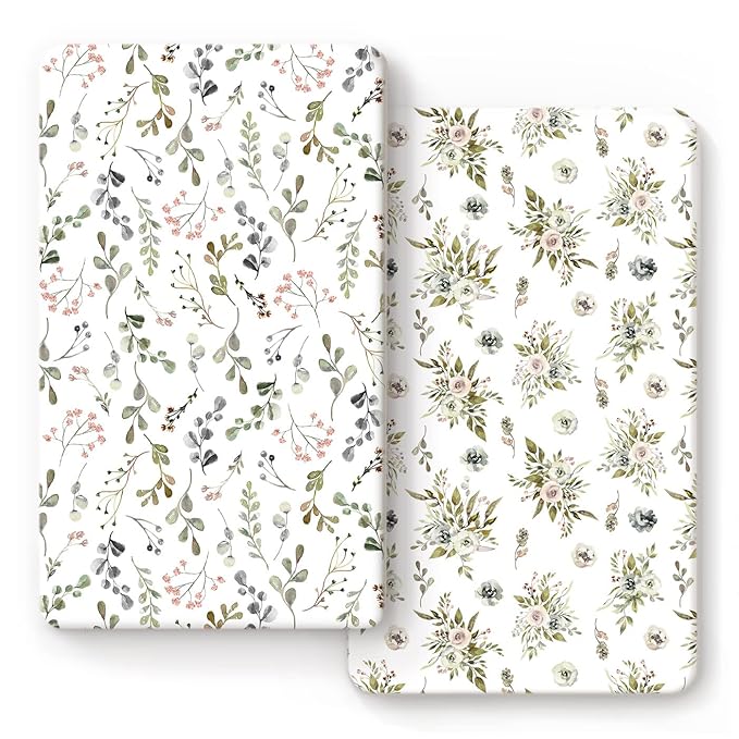 GRSSDER Stretchy Ultra Soft Jersey Knit Fitted Crib Sheets Set 2 Pack, Cozy Crib Sheet Fits All Standard Crib Mattress Pads, Stylish Watercolor Rose and Flora