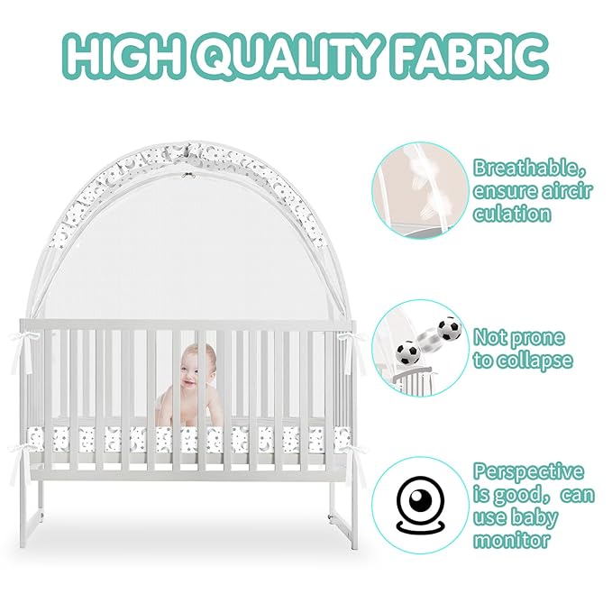 Crib Tent - Crib Net to Keep Baby in, Stop Baby from Climbing Out of Crib, Pop Up Crib Tent with Durable Breathable Net Double Zipper Strong Rods Installation Convenience (Gray Stars & Moons, Large)