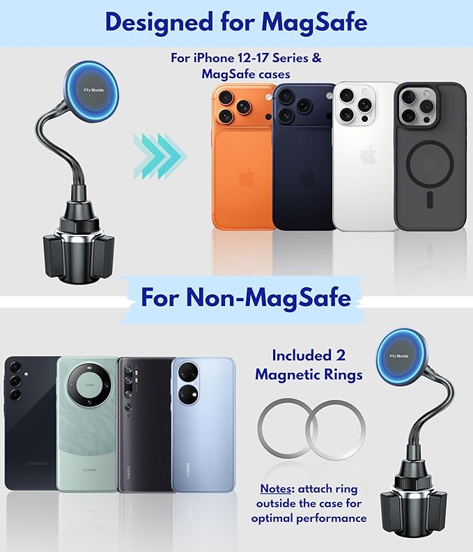 Cup Holder Phone Mount for Car, Magnetic – Designed for MagSafe, Secure Magnetic Hold, Stable Expandable Base, Flexible Reinforced Gooseneck, Compatible with iPhone, Galaxy, Pixel [Not Charger]