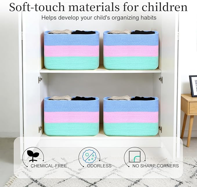 Hopegiver Rainbow Storage Baskets Set of 3, Cotton Rope Toy Storage Bins with Handles, Colorful Woven Nursery & Kids Playroom Organizer Baskets