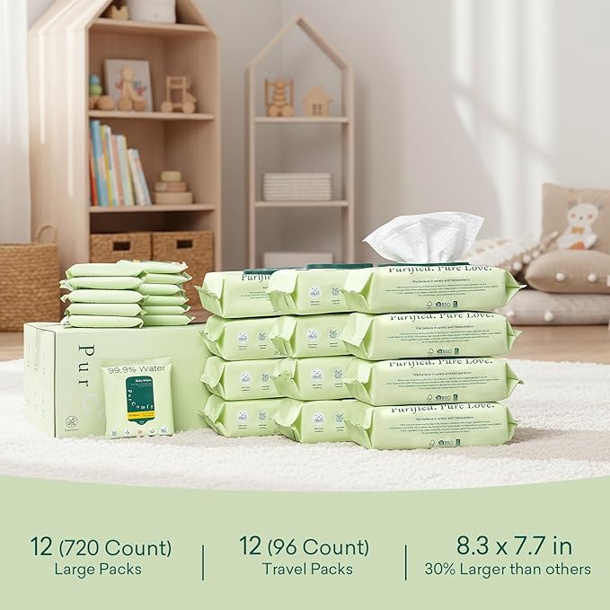 PurComfy Baby Wipes Unscented, 12 Flip-Top Packs + 12 Travel Pack 99.9% Water Wipes with Plant Based, Hypoallergenic for Sensitive Newborn Skin, Total 816 Count Wet Wipes