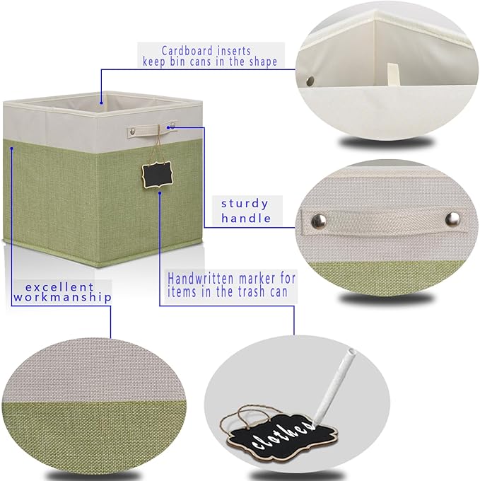 13x13x13 Inch Large Foldable Fabric Linen Cube Storage Bins【4-pack】, with Cotton Handles Closet Bins for Cabinet Shelves Home Organization and Storage bins(White&green)