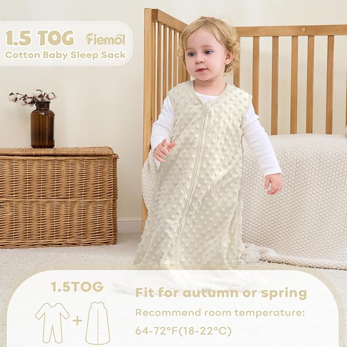 FIEMOL Fleece Baby Sleep Sack 6-12 Months, 1.5 TOG Cotton Baby Wearable Blanket With Soft Plush Dots, 2 Pack Newborn and Infant Warm Sleeping Sack with 2-Way Zipper Blue&Apricot