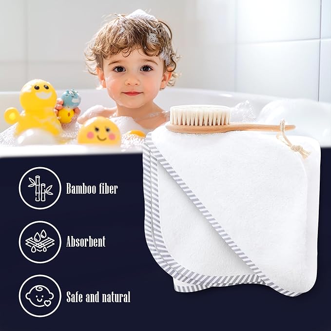2 Pack Baby Bath Towel - Rayon Made from Bamboo, Ultra Absorbent - Ultra Soft Hooded Towels for Boy and Girl (White and Stripe, 30 x 30 Inch)