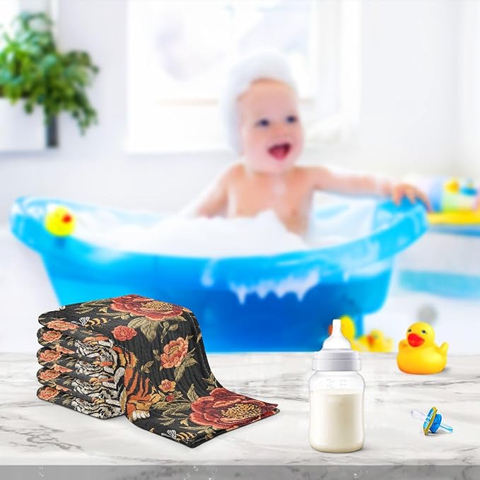 vvfelixl Baby Muslin Washcloths Tiger Bee Flower Baby Burp Cloths Cotton Babys Face Towel for Newborn Infants Boys Girls Soft and Absorbent 11.8 X 11.8 in, 3 Pack