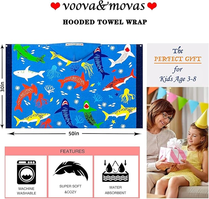 VOOVA & MOVAS Hooded Towel for Toddlers 3-8 Years,30''X50'',Soft | Thick | Cotton | Absorbent | Large Beach | Pool | Bath | Swim Towels | Cover up for Boys, Shark Fish