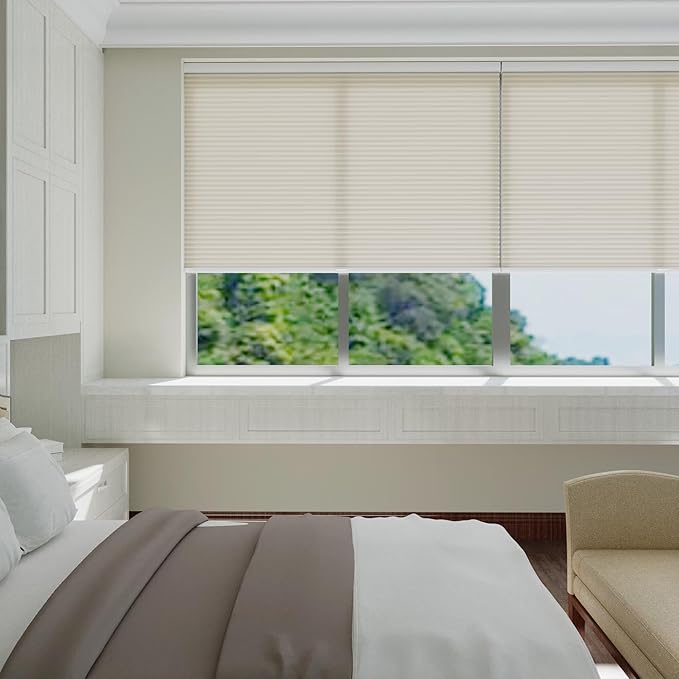 Changshade Cordless & Light Filtering Cellular Shade, Tools-Free Pleated Honeycomb Shade, Light Blocking Window Shade and Blind, 27 inches Wide, Beige CEL27BG72B