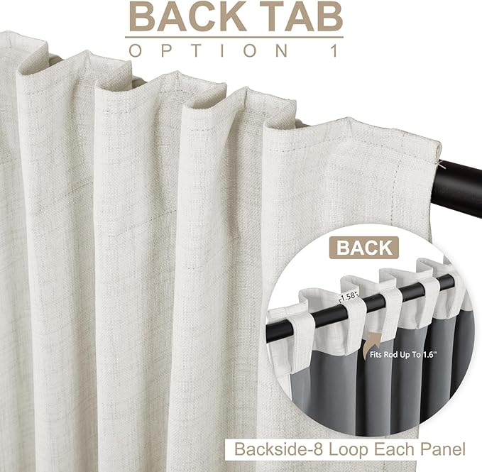 100% Blackout Shield Linen Blackout Curtains for Bedroom 63 Inches Long, Back Tab/Rod Pocket Living Room Drapes, Thermal Insulated Blackout Curtains 2 Panels Set, 50" W x 63" L, Off White